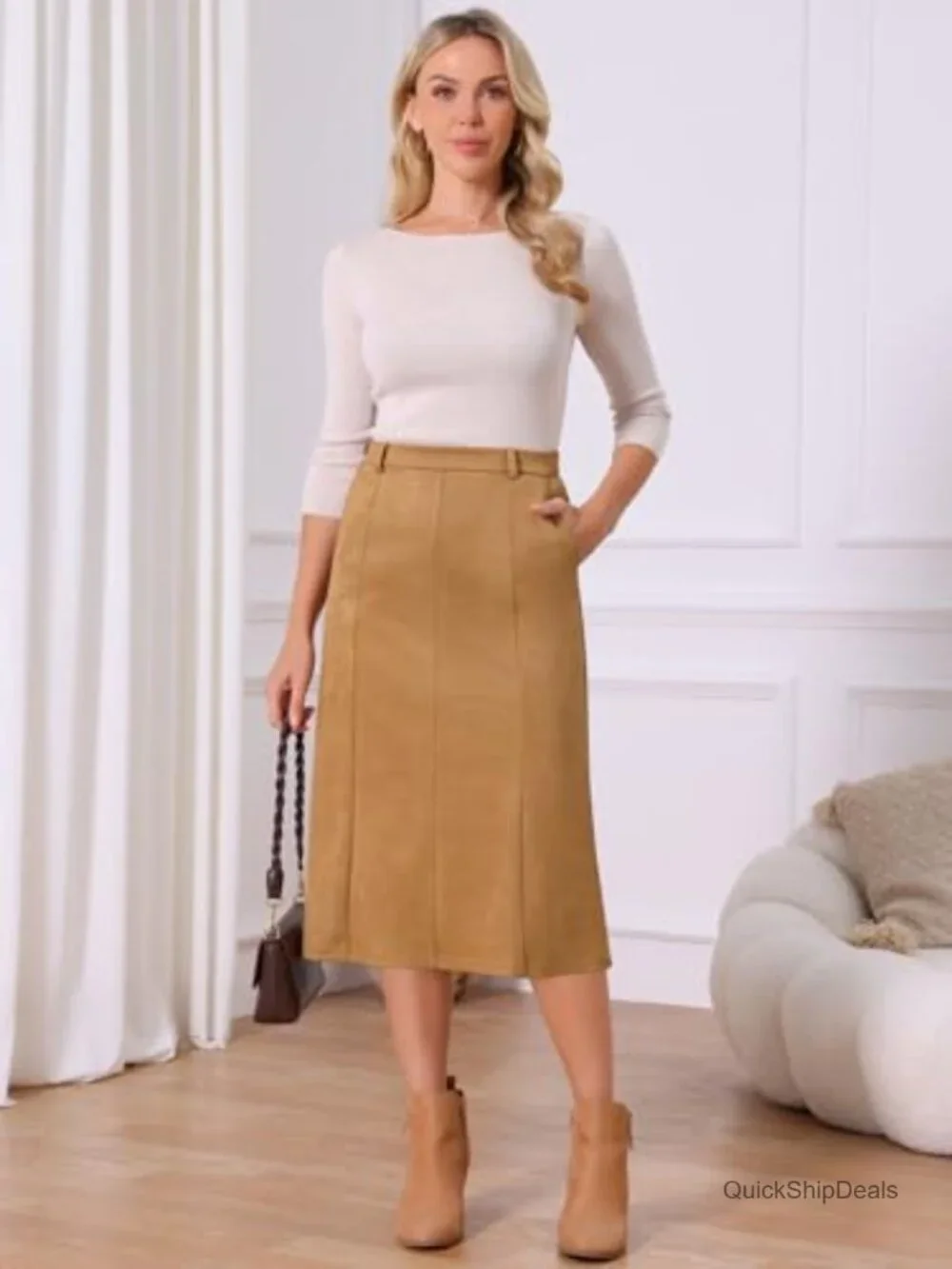 Faux Suede High Waist A-Line Midi Skirt with Belt Loops & Pockets